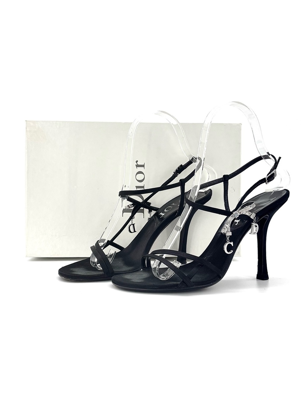 Dior John Galliano Vintage CD Bow Charm Black Satin Ankle Strap Sandals 36.5 - Picture 2 of 11
